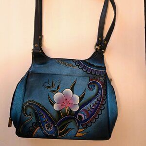 Anuschka Hand-painted leather blue floral shoulder hobo